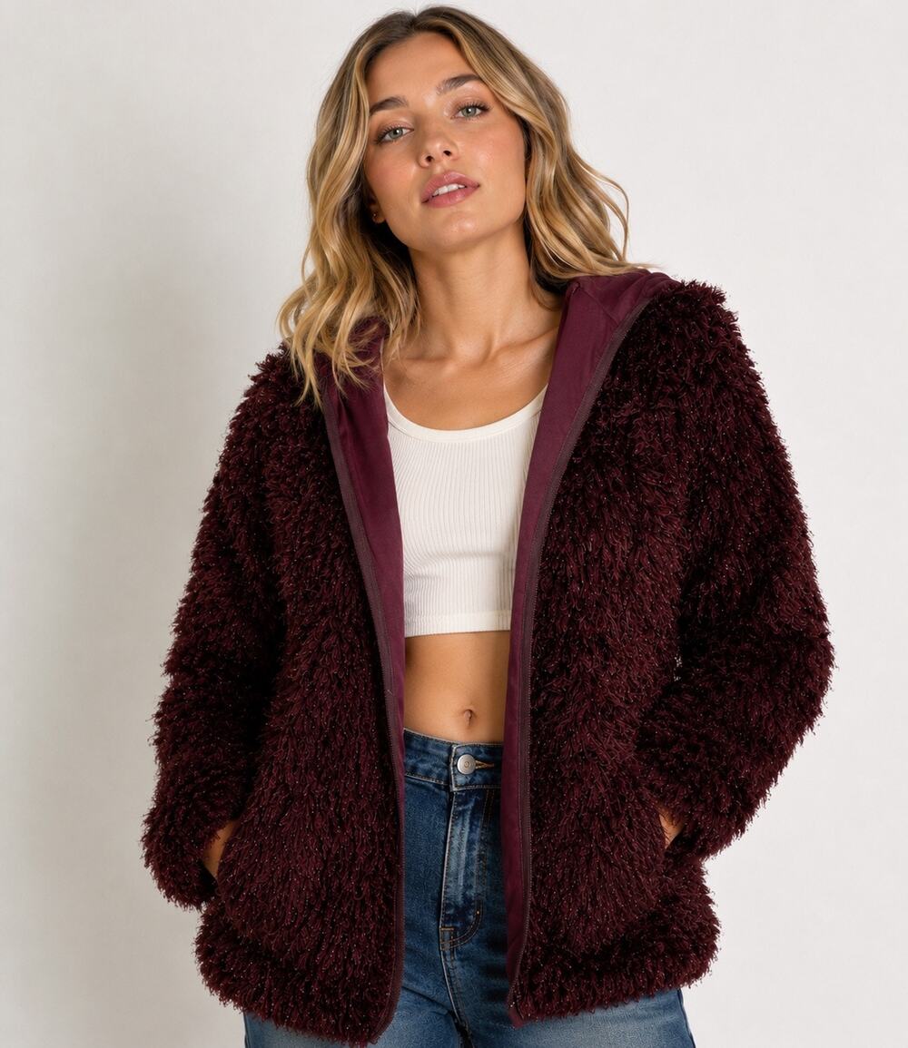Mia Joy Joyfolie Okalla Zip Up Sweater In Merlot, XXS